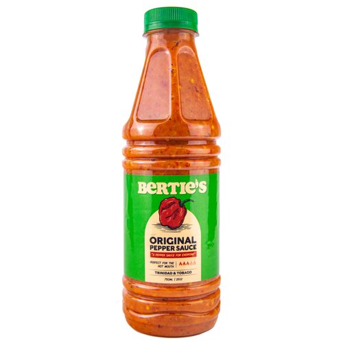 Bertie's Original Pepper Sauce (26 Oz/750ml) | Great Flavour And Heat | Made With Fresh Trinidad Moruga Red And Scotch Bonnet Yellow Peppers | Tastes Like Home Made