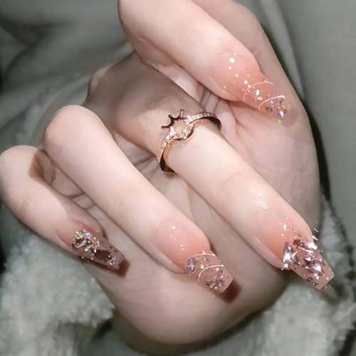 Hkanlre Nude Press on Nails Coffin Medium Fake Nails Tips Full Cover Rhinestones False Nails for ...