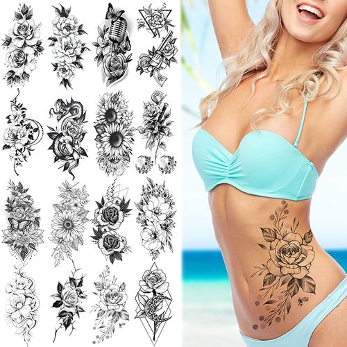 Temporary Tattoo Stickers Sketch Flower Blossom Sexy Tattoo Stickers Waterproof Lasting Fake Tattoos for Girl Women Shoulder Arm Chest Leaf Tatoo Adults Beauty Sheet of 16