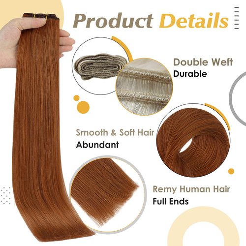 Full Shine Weft Hair Extensions Human Hair Sew In Human Hair Extensions 22 Inch Silky Hair Copper Extensions Sew In #550 Auburn Extensions For Women Bundles Human Hair Remy Straight Hair Weft 105G