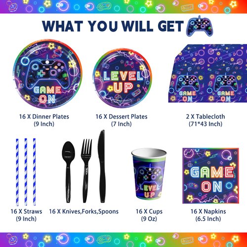 LXlucktim Video Game Party Supplies - 262Pcs Gamer Gaming Birthday Party Decoration For Boys Birthday Party - Table Cover, Utensils, Hanging Swirls, Cupcake, Cake Topper, Balloons Serves 16 Guests