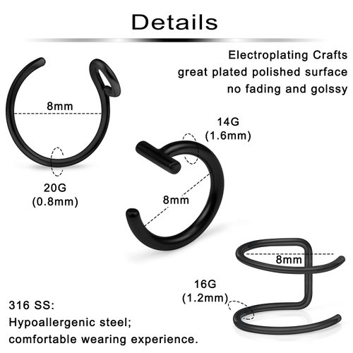 Ftovosyo Fake Lip Rings T Shaped Stainless Steel Gothic Clip on Non piercing Nose Ring Double Cartilage Helix Earrings Ear Cuff for Women Men Black