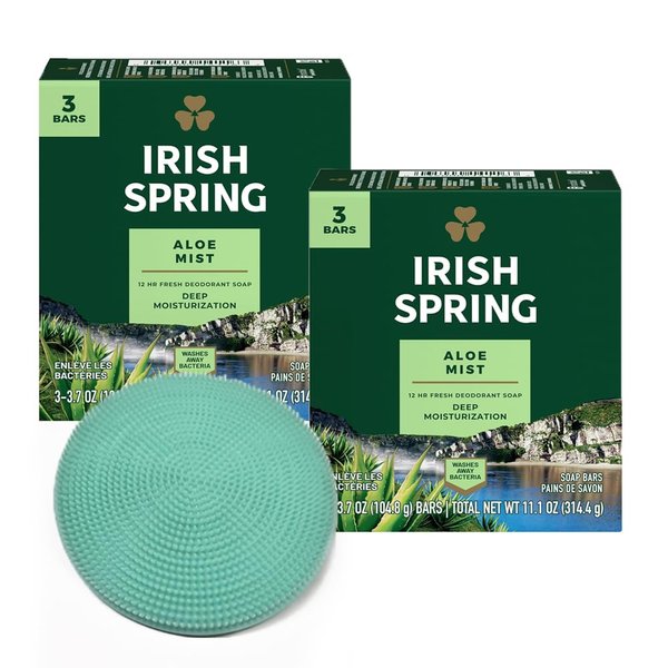 Irish Spring Bar Soap Aloe Mist for Men Bars 3.7oz for with Evarya Washing Hands and Body Shower Gentle Soft Silicone Body Exfolianting Scrubber 4.4inch (6-Pack)