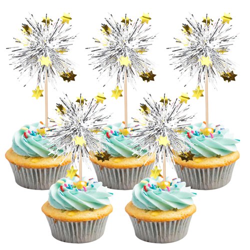 30 PCS Foil Firework Cupcake Toppers Happy Birthday Star Cupcake Picks Sparkle Tinsel Drink Stirrers Cocktail Fruit Toothpicks for Valentine's Day Wedding Birthday Party Decorations Supplies Silver