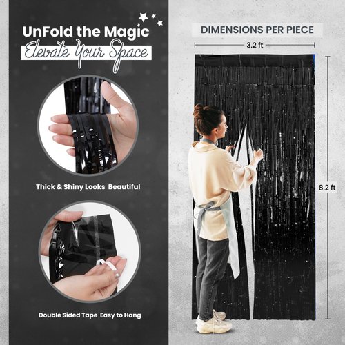 RFAQK 5Pack 3.30x8.20 Feet Black Foil Fringe Curtains Backdrop for Birthday Party Decorations –Black Fringe Backdrop Tinsel Streamers for Bachelor and Graduation Decor, Baby Shower, and Gender Reveal