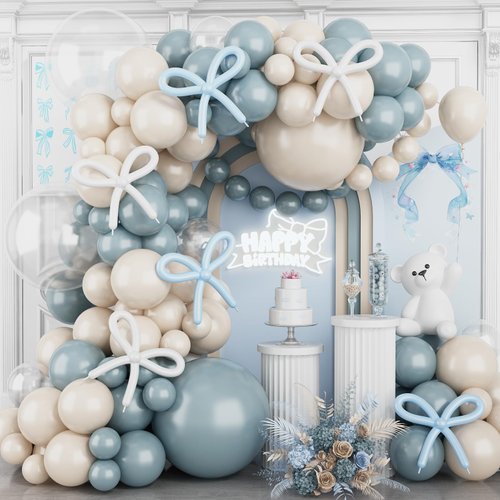 Dusty Baby Blue Balloon Garland Arch Kit,120Pcs Ivory White Retro Blue Bow Balloons Garland Kit Long Balloon as Bow Decor for Boy Baby Bridal Shower Birthday Wedding Party Decorations