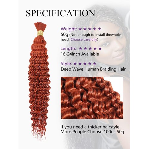 Human Braiding Hair 1 Bundle 50g 22 Inch Deep Water Wave Bulk Human Hair for Braiding No Weft 10A Brazilian Virgin Curly Human Hair Extensions for Boho Braids Wet and Wavy Ginger Braiding Hair