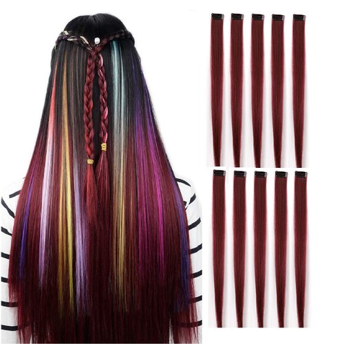 Drayas 10Pcs/set Colored Clip in Hair Extensions Colorful Straight Synthetic Hairpiece for women girls Multi-Colors 22 Inch Party Highlights Hair Extensions (Wine red)