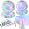 Iridescent Party Supplies for 20 Guests, Disposable Iridescent Tableware Set Includes Holographic Paper Plates, Napkins, Forks, Tablecloth for Birthday Mermaid Themed Party Decorations Wedding
