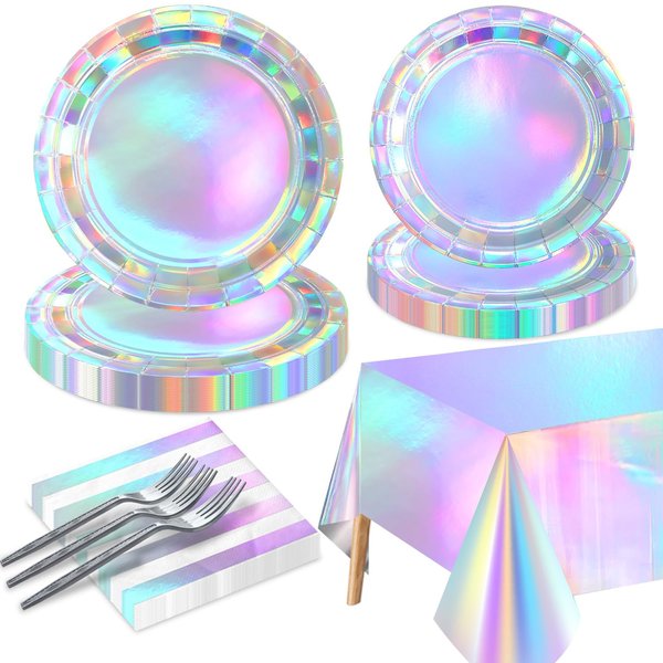Iridescent Party Supplies for 20 Guests, Disposable Iridescent Tableware Set Includes Holographic Paper Plates, Napkins, Forks, Tablecloth for Birthday Mermaid Themed Party Decorations Wedding
