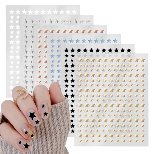 Yuanchu 6 Sheets Star Nail Stickers,3D Self-Adhesive Nail Decals Glitter Shiny Gold Silver White ...