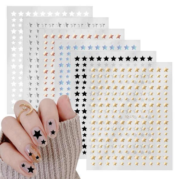 Yuanchu 6 Sheets Star Nail Stickers,3D Self-Adhesive Nail Decals Glitter Shiny Gold Silver White Black Small Stars Nail Art Supplies Manicure Accessories for Women Girls DIY Nail Art Design