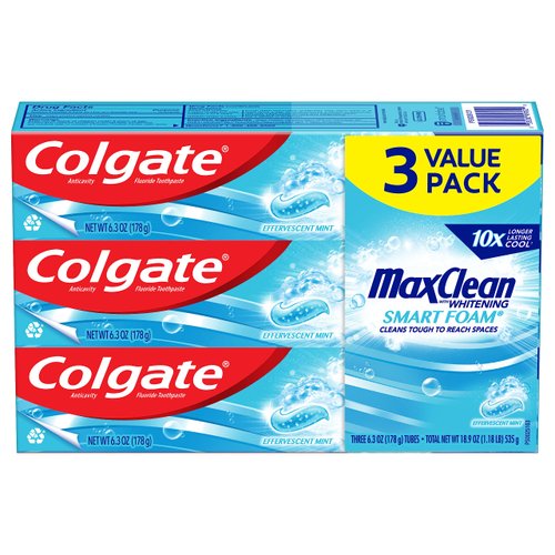 Colgate Max Clean Smart Foam with Whitening Toothpaste, Effervescent Mint Toothpaste for Bad Breath, 6 Oz, 3 Pack
