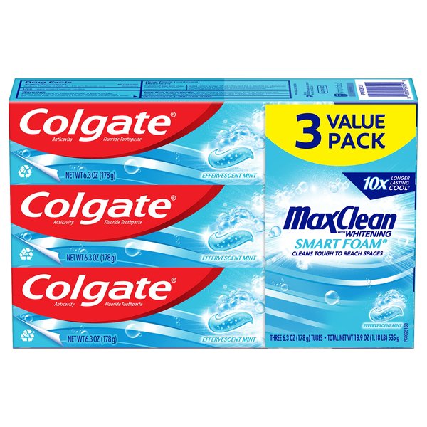 Colgate Max Clean Smart Foam with Whitening Toothpaste, Effervescent Mint Toothpaste for Bad Breath, 6 Oz, 3 Pack