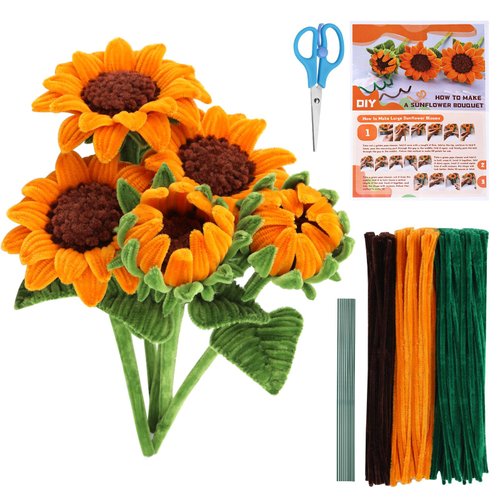 430PCS Pipe Cleaners Chenille Stem Craft Flower Supplies, Pipe Cleaner Flowers Crafts, Pipe Cleaner Sunflowers Kit with Instructions, 3 Colors Pipe Cleaners Set for DIY Art Craft Decorations-5 flowers