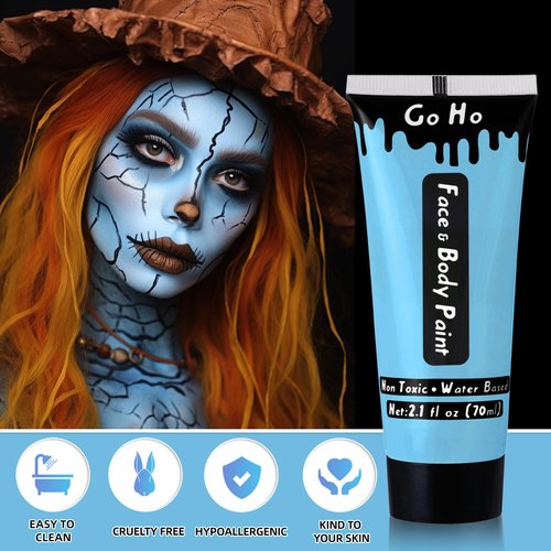 Go Ho Light Blue Face Body Paint Washable(2.37 oz,70 ml),Water Based Cream Pale Blue Face Paint,Blue Body Paint for Halloween Costumes Festivals Cosplay SFX Corpse Bride Sally Makeup