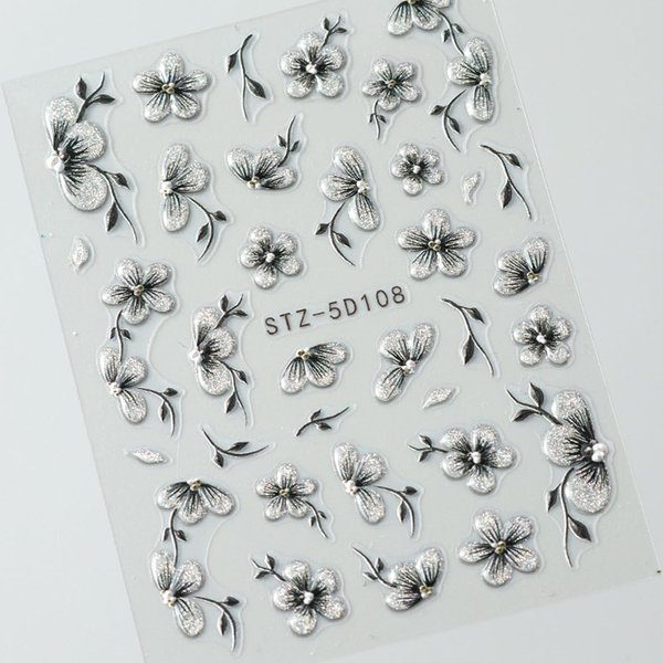 5D Flower Nail Stickers Embossed Flower Stickers for Nails Floral Nail Decals with Glitter Design Summer Cherry Blossom Nail Art Stickers Adhesive Black Flowers Gel Nail Stickers for Women Girls