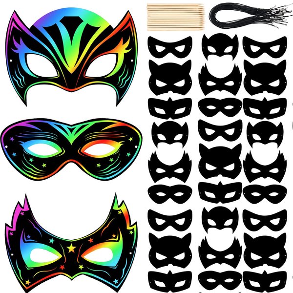 Deekin 36 Pcs Scratch Paper Mask Rainbow Hero DIY Kids Masks Craft Kit for Dress up Mardi Gras Party Favor