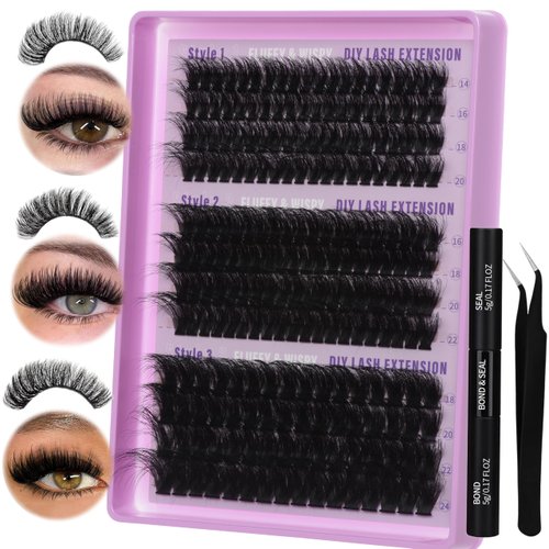 Lash Extension Kit 14-24mm Fluffy Lash Clusters Kit 60D+80D+100D Thick Volume Eyelash Extension Kit D Curl DIY Individual Lashes 3 Style Lashes with Waterproof Lash Bond and Seal and Tweezers