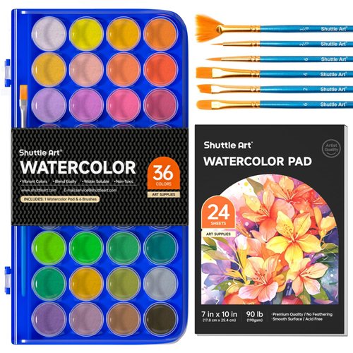 Shuttle Art 43 Pack Watercolor Paint Set, 36 Colors Watercolor Paint Pan Set with 6 Brushes and 1 Watercolor Pad for Beginners, Artists, Kids & Adults Watercolor Painting, Bullet Journal, Calligraphy