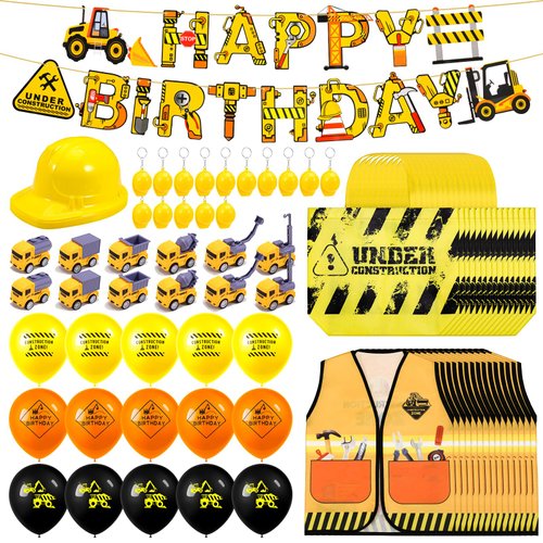 Jspupifip 88 Pcs Construction Birthday Party Supplies Include Kids Construction Vest, Plastic Hats, Tote Bags, Keychain, Balloons, Truck Birthday Backdrop, Dump Truck Traffic Dress up Party Decors