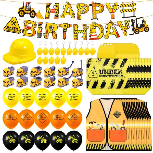 Jspupifip 88 Pcs Construction Birthday Party Supplies Include Kids Construction Vest, Plastic Hats, Tote Bags, Keychain, Balloons, Truck Birthday Backdrop, Dump Truck Traffic Dress up Party Decors