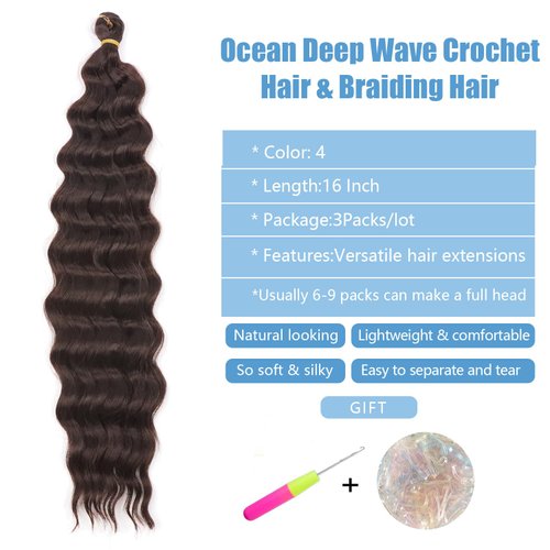 Deep Wave Braiding Hair Color 4 Water Wave Crochet Hair 16 Inch Ocean Wave Crochet Hair for Butterfly Locs Soft Faux Locs French Curl Crochet Braids Curly Crochet Hair Dreadlock Extensions(3 Packs)