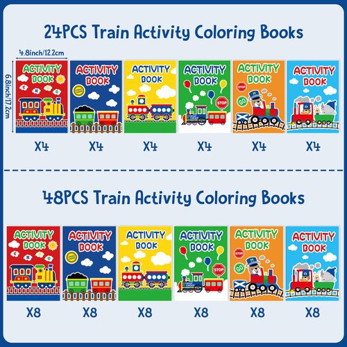 JAPBOR Train Activity Coloring Books - 24PCS Mini Trains Activities Color Book Bulk for Kid Party Favors, Transportation Themed Small Coloring Pages for Birthday Gifts Class Drawing Painting Game