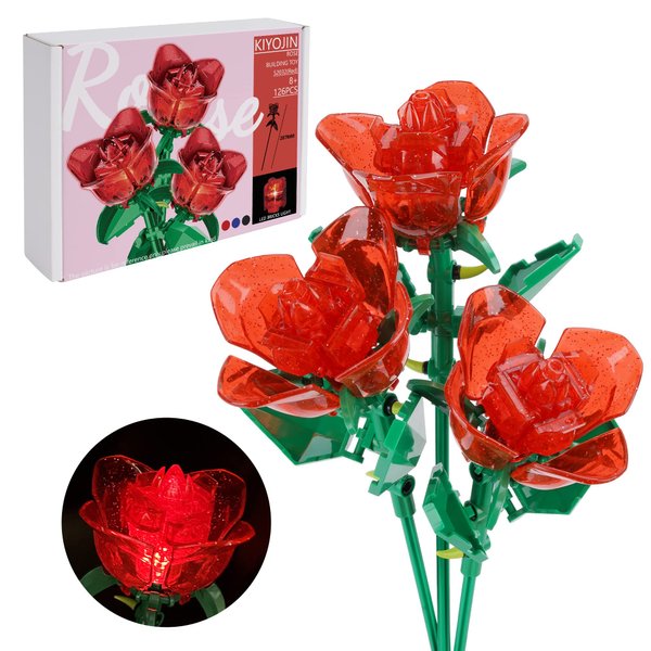 KIYOJIN Rose Flower Bouquet Building Set with Lights,Artificial Plant Cute Botanical Collection Compatible,Gift for Adult Her/Mom/Women/Sister/Girl,Creative Project Home Decor(52032 Red 126pcs)