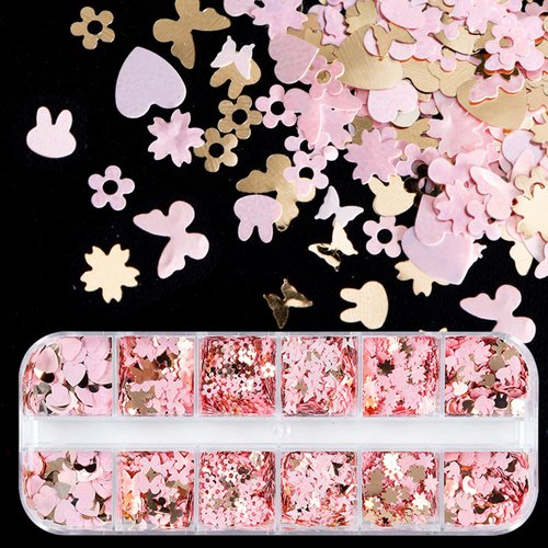 KACHIMOO Nail Glitter Sequins,12 Grids Gold Pink Nail Glitter Flakes 3D Cherry Blossoms Butterfly Nail Sequin Flakes Rabbit Heart Nail Charm Nail Accessories for Nail Art Decoration