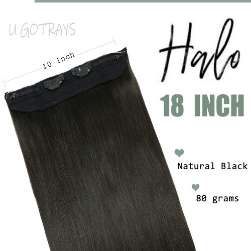 UGOTRAYS 18inch Wire Hair Extensions Human Hair Straight Color Natural Black Hair Extensions with Fish Line Invisible Wire Hidden Hair Extensions Layered Hairpiece 70g/Set