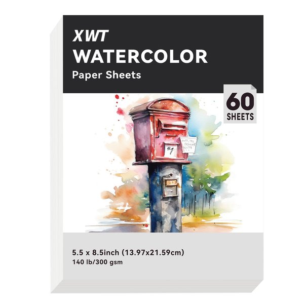 60 Sheets Watercolor Paper Bulk, 5.5x8.5in 140lb/300gsm Cold Pressed Water Color Paper, Acid Free Natural White Textured Watercolor Art Paper, Drawing Painting Supplies for Artists, Students, Kids