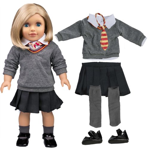 6pc Hermione Granger Inspired Outfit- 18" Doll Clothes & Accessory Compatible w American Girl Dolls- Hogwarts Like School Uniform- Feat Sweater Shirt Skirt Tie Socks Shoes- Gift Set for Girls, Kids