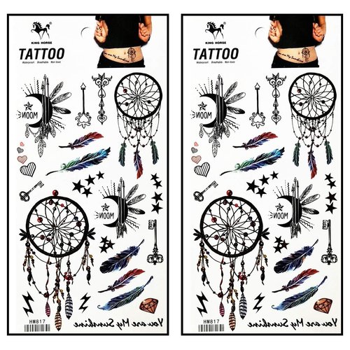Tattoos 2 Sheets Beautiful Bird Feather Indian Native American moon diamond key Temporary Fake Tattoos Fantasy Fashion Women Sexy Body Painting Tatoo Sticker for Kid Teens Men Women