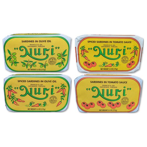 NURI Portuguese Sardines Variety Pack | 4 Pack Bundle | One of Each | Pure Olive Oil, Spiced Pure Olive Oil, Tomato and Olive Oil AND Spiced Tomato and Olive Oil