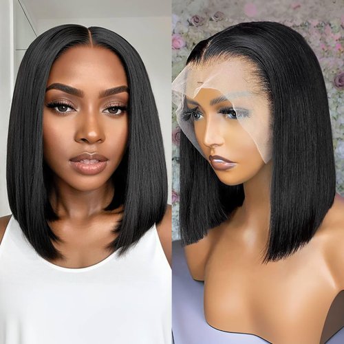 Bob Wig Human Hair 13x4 Hd Lace Front Wigs Human Hair Pre Plucked 180 Density Short Bob Wigs Lace Frontal Wig Glueless Wigs Brazilian Virgin Human Hair for Women with Baby Hair Natural Black 16 Inch