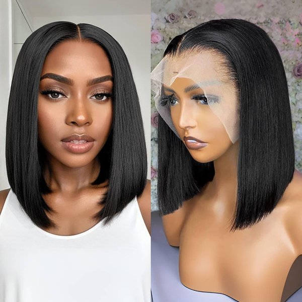 Bob Wig Human Hair 13x4 Hd Lace Front Wigs Human Hair Pre Plucked 180 Density Short Bob Wigs Lace Frontal Wig Glueless Wigs Brazilian Virgin Human Hair for Women with Baby Hair Natural Black 16 Inch