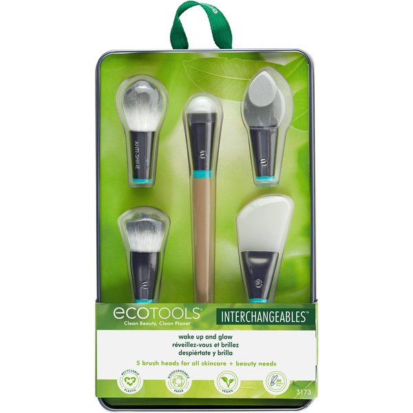 EcoTools Wake Up + Glow Interchangeables Makeup Brush Set with Case, With Beauty Blender Makeup Sponge, Silicone Applicator Face Mask Brush, Eye Roller Depuffer (Set of 6)