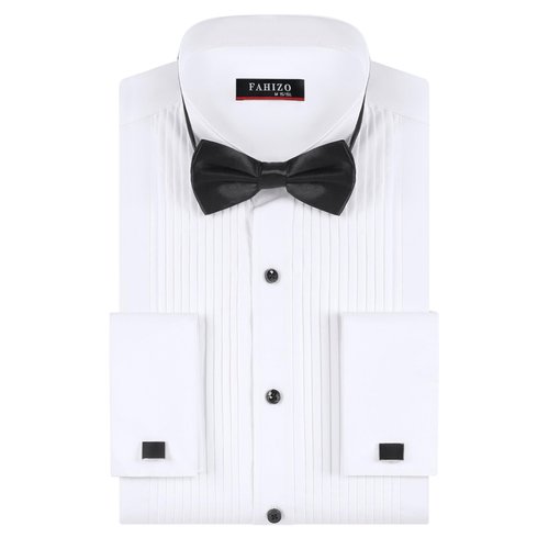 FAHIZO Men's White Tuxedo Shirt with Wing Collar, French Cuffs & Accessories-Black Bow Tie, XL