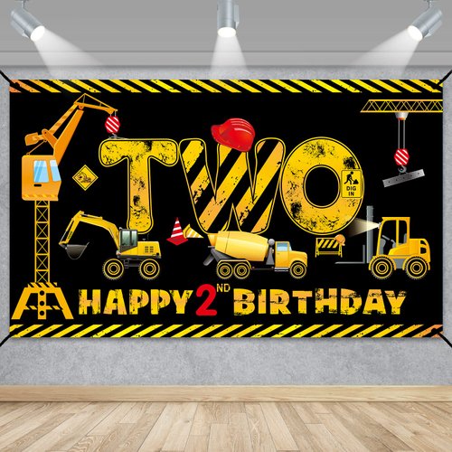 Construction 2nd Birthday Banner Decorations for Boys Kids, Dump Truck Construction Theme Two Birthday Party Supplies, Excavator Crane Digger Two Year Old Banner Sign