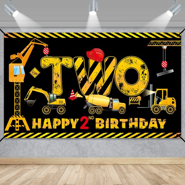 Construction 2nd Birthday Banner Decorations for Boys Kids, Dump Truck Construction Theme Two Birthday Party Supplies, Excavator Crane Digger Two Year Old Banner Sign