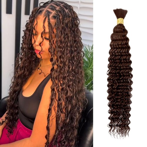 Chocolate Brown Braiding Hair 1 Bundle 50g 18 Inch Deep Water Wave Bulk Hair for Braiding 12A Brazilian Virgin Curly Human Hair Extensions for Boho Braids Wet and Wavy Color 4 Human Braiding Hair