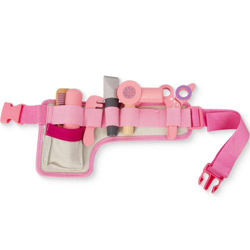 WoodenEdu Wooden Hair Salon Toys for Girls, Pretend Play Beauty Salon Set with Realistic Accessories, Blow Dryer, Straightener, Tool Belt and Styling Accessories