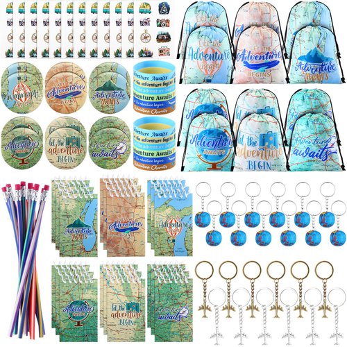 Locmeo 102 Pcs Travel Party Favors Airplane Keychain Bendable Flexible Pencils Travel Stickers Adventure Drawstring Backpack Silicone Wristbands Pin Badges World Map Notebook Earth Theme Keyrings