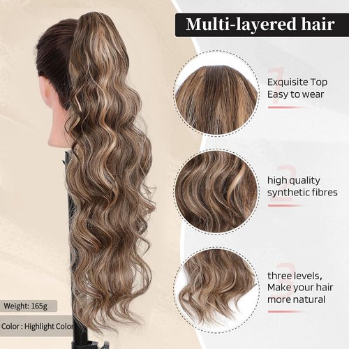 Ponytail Extension, 26 Inch Claw Clip In Ponytail Hair Extensions for Women Long Curly Wavy Ponytail Pony Tail Hair Extension Natural Wavy Hair piece for Women Chocolate Brown with Highlights