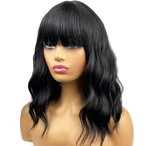 MIMISERVICE Black Short Wavy Wig with Bangs for Women Shoulder Length Black Bob Curly Women's Charming Synthetic Wigs with Natural Wavy Heat Resistant Hair for Daily Party Use