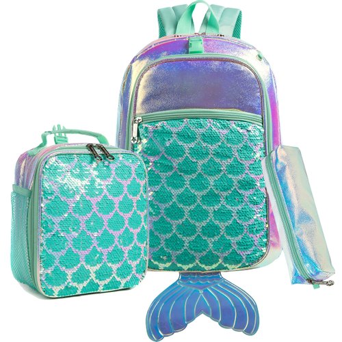 Meetbelify Backpack for Girls Mermaid Magic Sequin School Bag with Lunch Box Girls Backpack Set for Elementary Preschool Bookbag