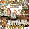 Woodland Animals Baby Shower Decoration Pack Forest Animal Neutral Gender Reveal Party Supplies Woodland Themed Birthday Party Ideas Set 106 Pcs Backdrop, Tablecloth, Cake Toppers, Balloons (Woodland