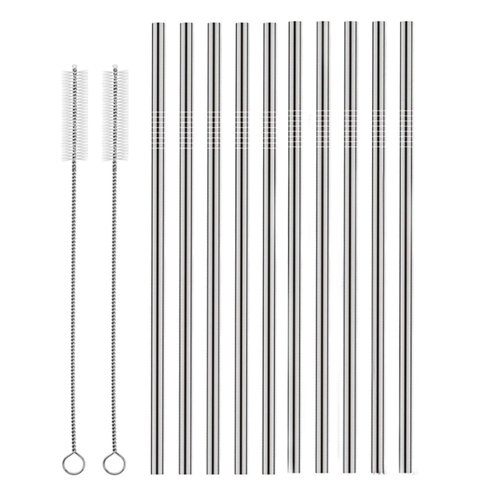 Set of 10 Stainless Steel Straws, HuaQi Straight Reusable Straight Drinking Straws 10.5'' Long 0.24‘’ Dia for 30 oz Tumbler and 20 oz Tumbler, 2 Cleaning Brush Included