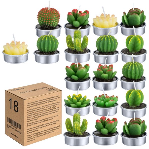 Cactus Tealight Candles(18 Pcs Gift Boxed), Artificial Succulents Decorative Tea Light Candles,Perfect for Birthday Wedding Party Home Decor
